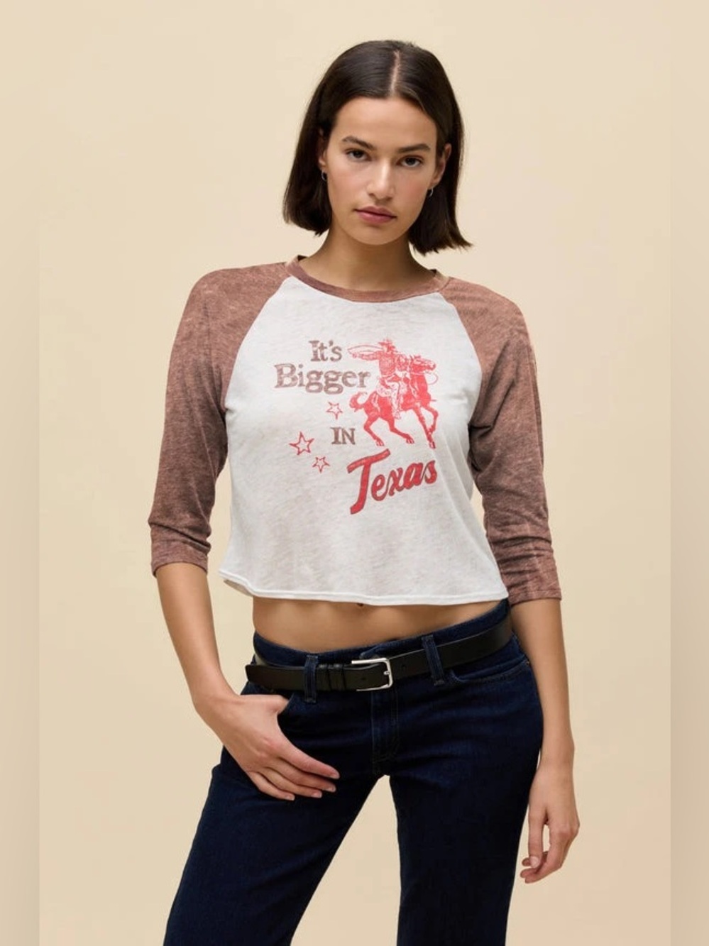 Daydreamer Cream Burnout Raglan Tee with Brown Sleeves & Red Texas Graphic